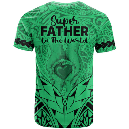 Polynesian Father's Day Gift For Dad T-Shirt Super Father In The World - Green Polynesian Pattern Graphic Tee