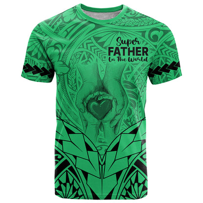 Personalised Polynesian Father's Day Gift For Dad T-Shirt Super Father In The World - Green Polynesian Pattern Graphic Tee