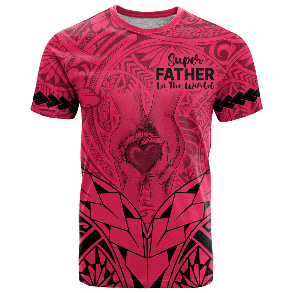 Personalised Polynesian Father's Day Gift For Dad T-Shirt Super Father In The World - Pink Polynesian Pattern Graphic Tee