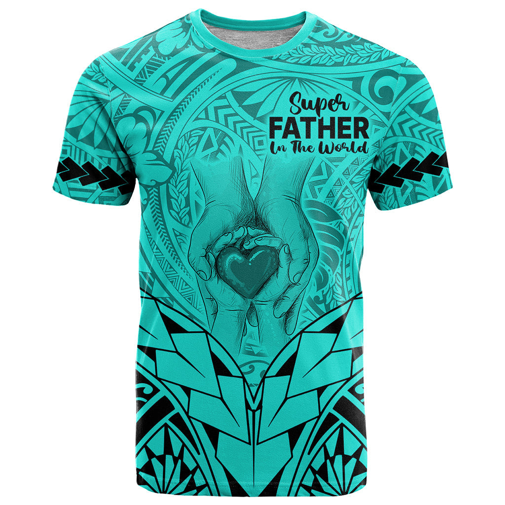 Polynesian Father's Day Gift For Dad T-Shirt Super Father In The World - Turquoise Polynesian Pattern Graphic Tee