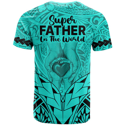 Polynesian Father's Day Gift For Dad T-Shirt Super Father In The World - Turquoise Polynesian Pattern Graphic Tee