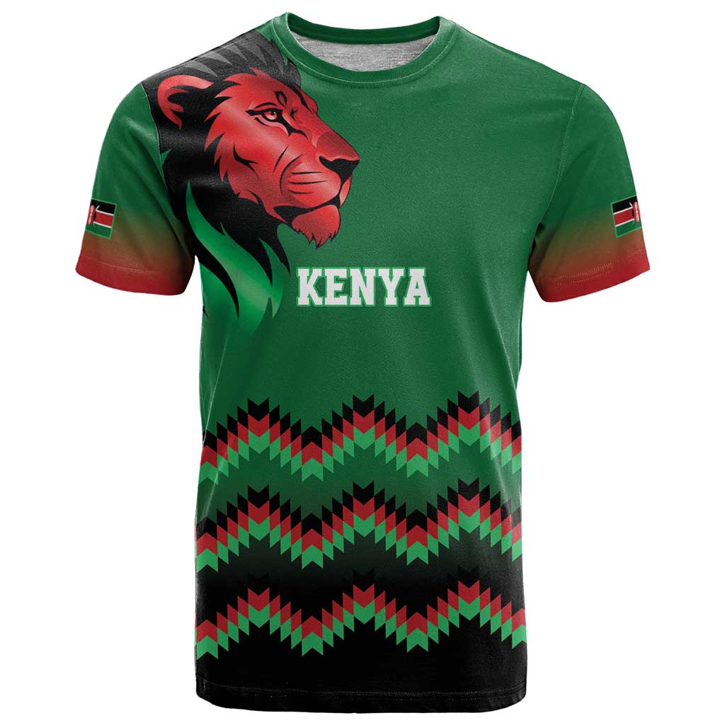 Kenya Cricket Custom T-Shirt Green Lion Head with Kenyan Pattern Graphic Tee