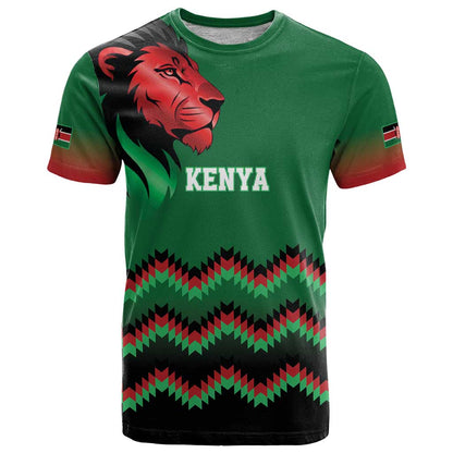 Kenya Cricket Custom T-Shirt Green Lion Head with Kenyan Pattern Graphic Tee
