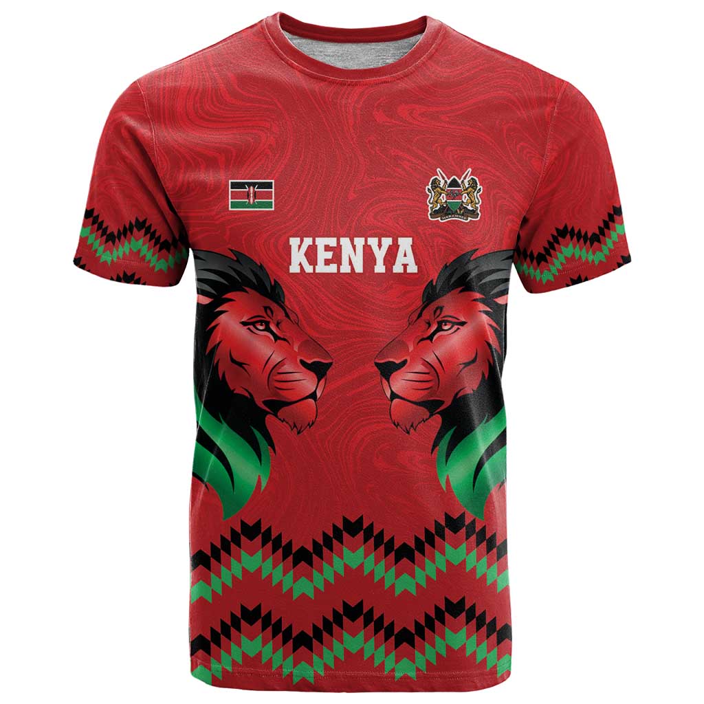Kenya Cricket Custom T-Shirt Red Lion Head with Kenyan Pattern Graphic Tee