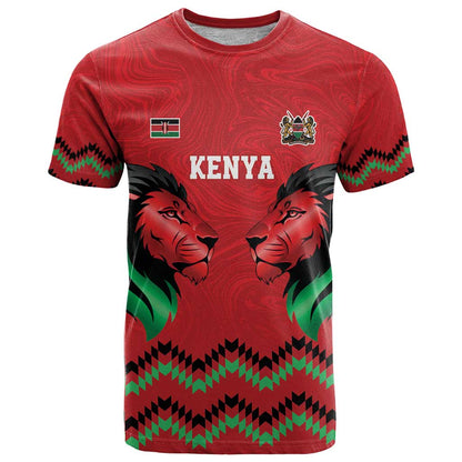 Kenya Cricket Custom T-Shirt Red Lion Head with Kenyan Pattern Graphic Tee