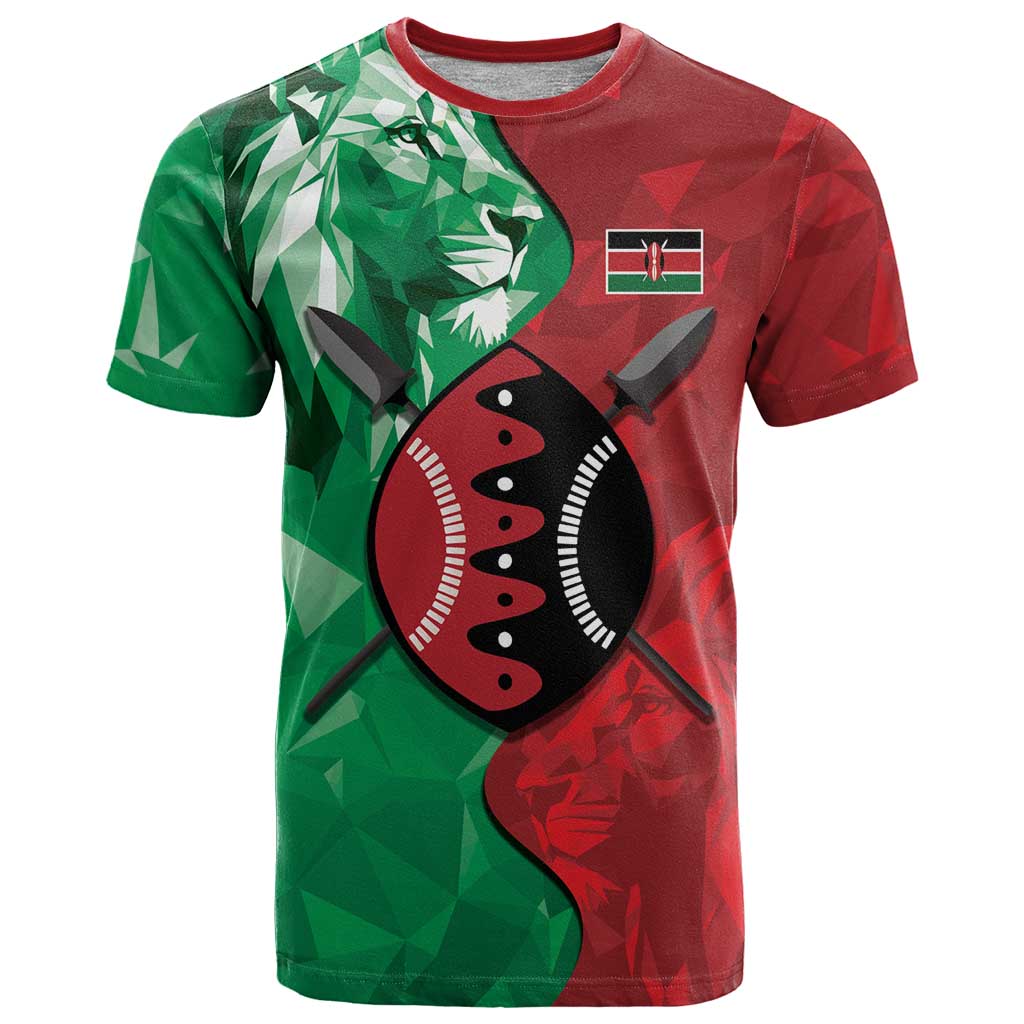 Personalized Kenya Maasai Shield T-Shirt Green Red Kenyan Lion Half Style Graphic Tee