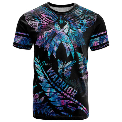 Polynesia Ribbon Butterflies T-Shirt Silver Fern Breast Cancer With Papua Shell Pattern Graphic Tee