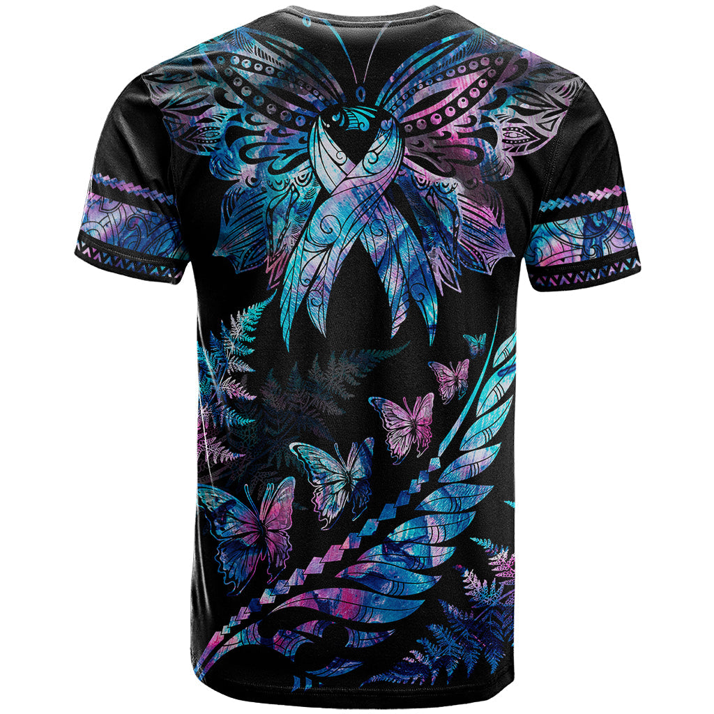 Polynesia Ribbon Butterflies T-Shirt Silver Fern Breast Cancer With Papua Shell Pattern Graphic Tee