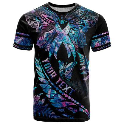 Personalised Polynesia Ribbon Butterflies T-Shirt Silver Fern Breast Cancer With Papua Shell Pattern Graphic Tee