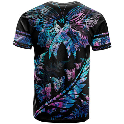 Personalised Polynesia Ribbon Butterflies T-Shirt Silver Fern Breast Cancer With Papua Shell Pattern Graphic Tee