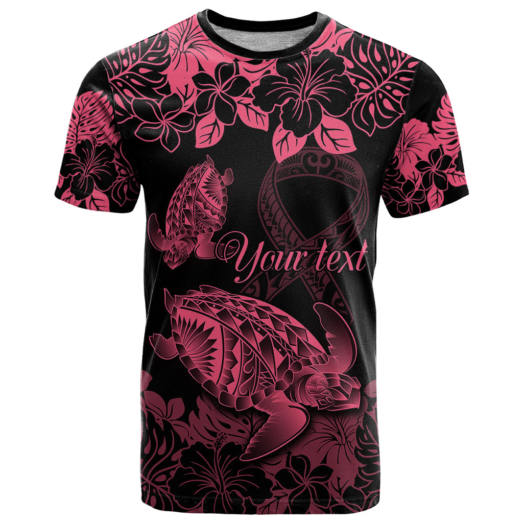 Personalised Polynesian Turtle Ribbon T-Shirt Think Pink Breast Cancer With Pacific Hibiscus Graphic Tee