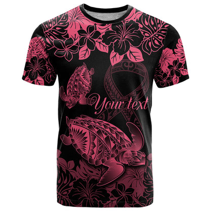 Personalised Polynesian Turtle Ribbon T-Shirt Think Pink Breast Cancer With Pacific Hibiscus Graphic Tee