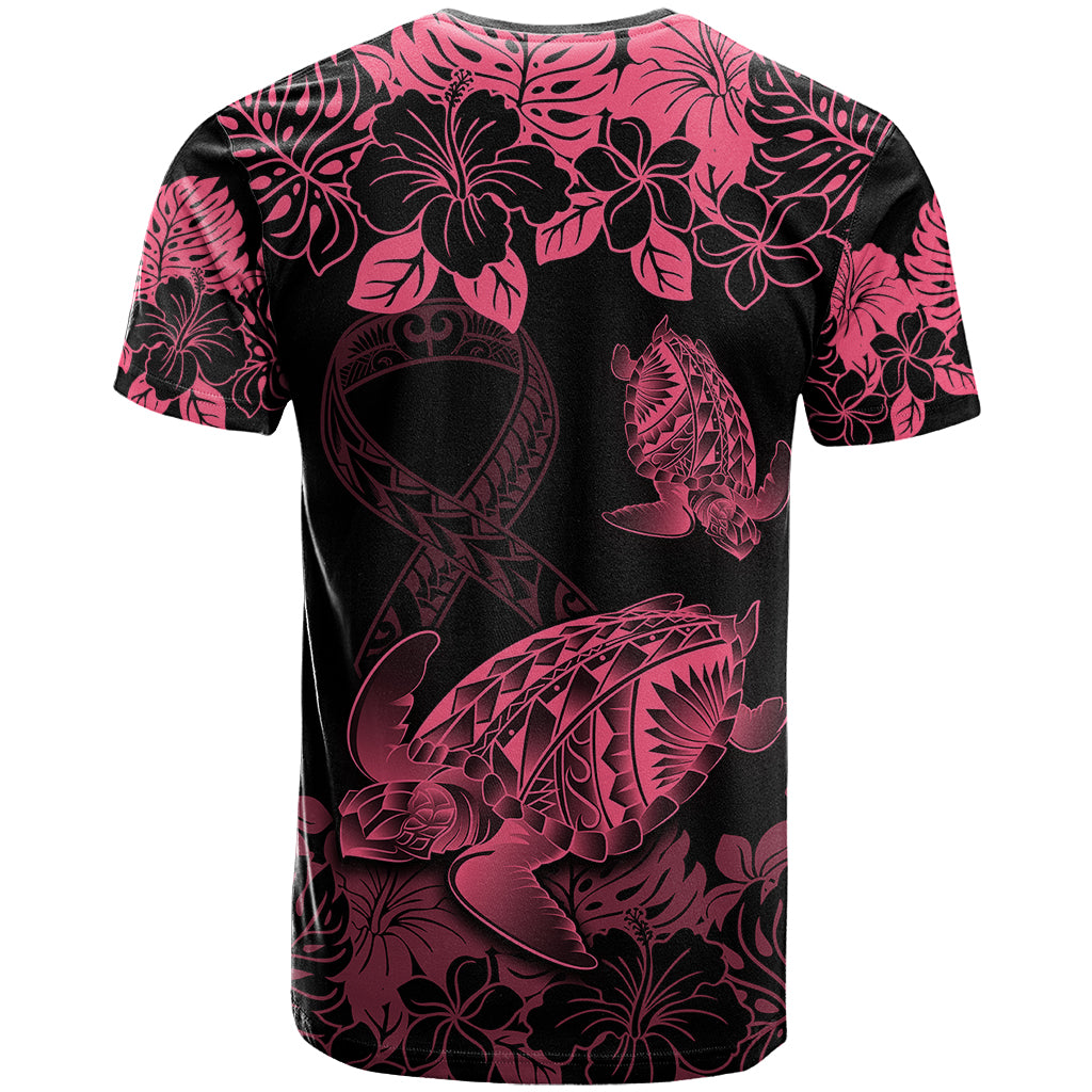 Personalised Polynesian Turtle Ribbon T-Shirt Think Pink Breast Cancer With Pacific Hibiscus Graphic Tee