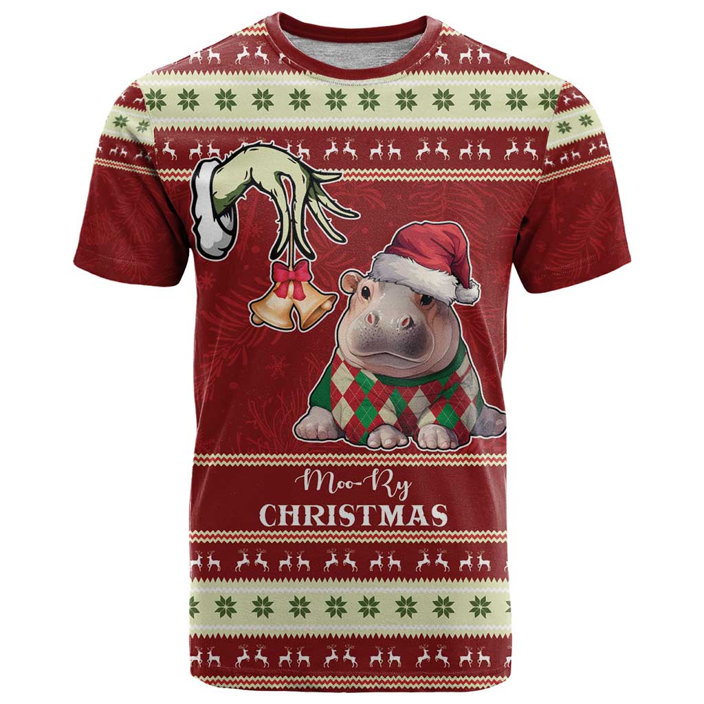 Moo Deng Moo-Ry Christmas T-Shirt Santa Baby Pygmy Hippo Graphic Tee