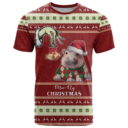 Moo Deng Moo-Ry Christmas T-Shirt Santa Baby Pygmy Hippo Graphic Tee
