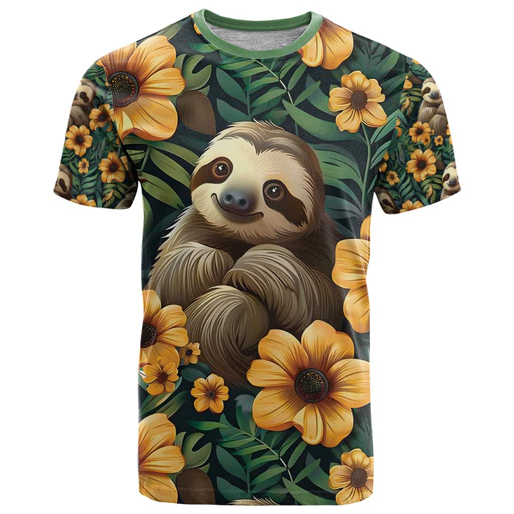 Sloth with Flowers Seamless Style T-Shirt Graphic Tee