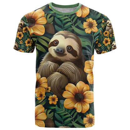 Sloth with Flowers Seamless Style T-Shirt Graphic Tee