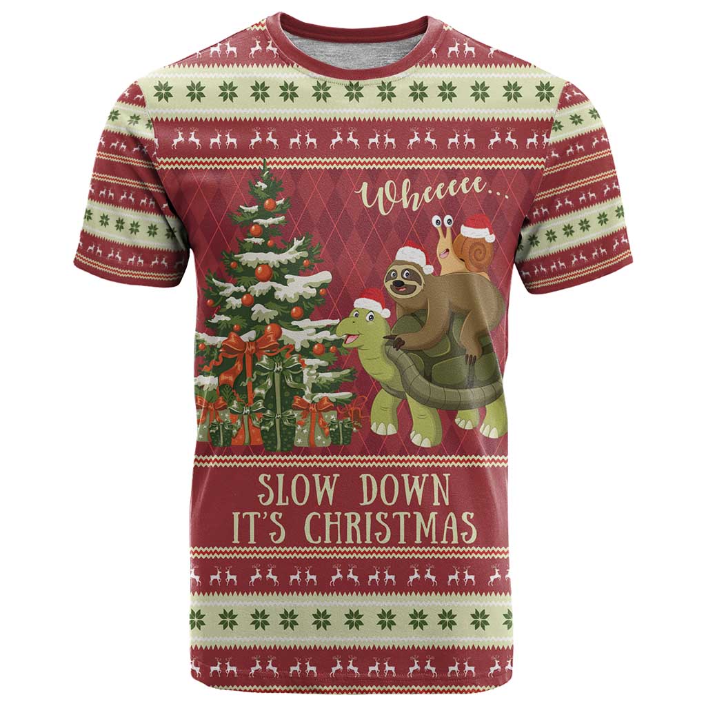 Sloth And Snail Riding A Turtle Wheeee T-Shirt Slow Down It's Christmas Graphic Tee