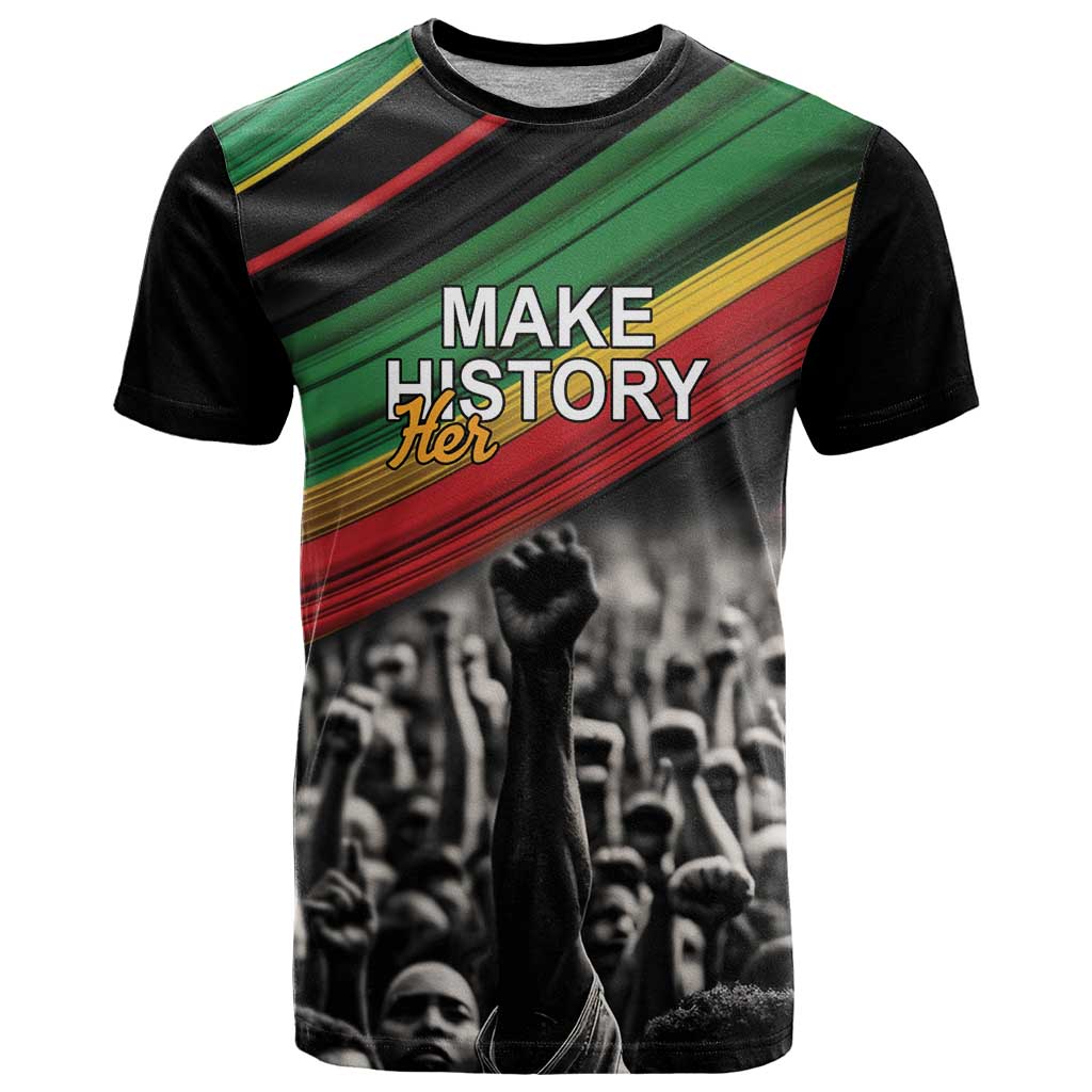 Make His-Herstories T-Shirt Black Power Hand and Pan-African Flag Graphic Tee