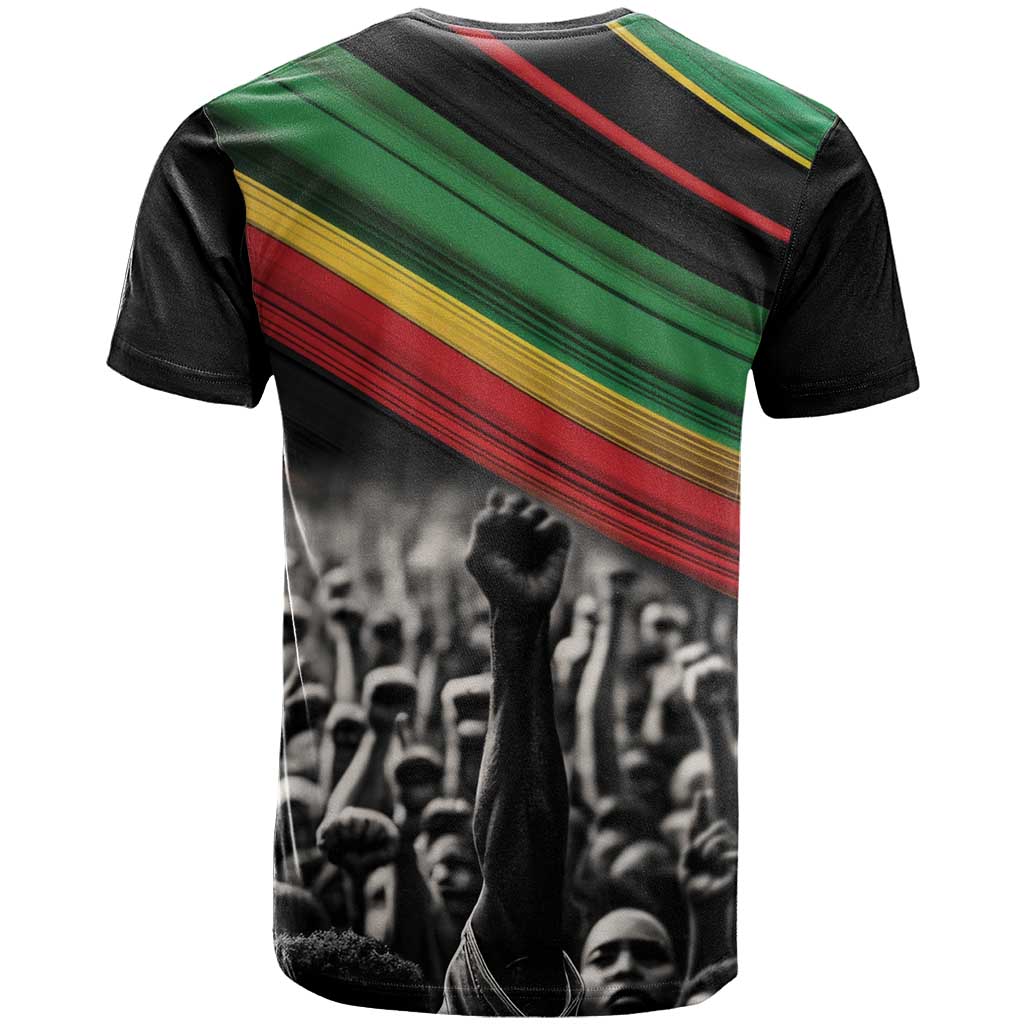 Make His-Herstories T-Shirt Black Power Hand and Pan-African Flag Graphic Tee