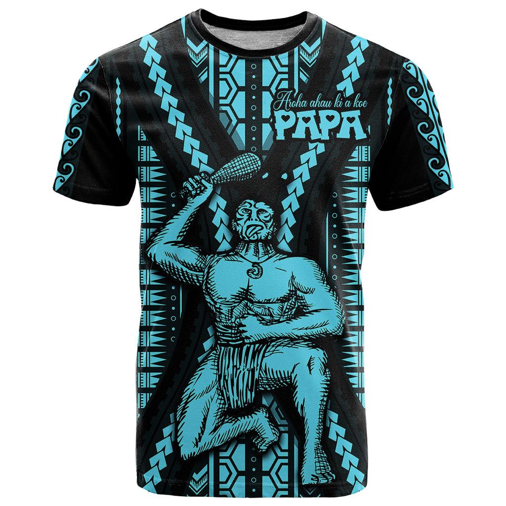 Aotearoa Father's Day Gift For Dad T-Shirt Aroha Ahau Ki A Koe Papa - Aqua Maori Style Pattern Graphic Tee
