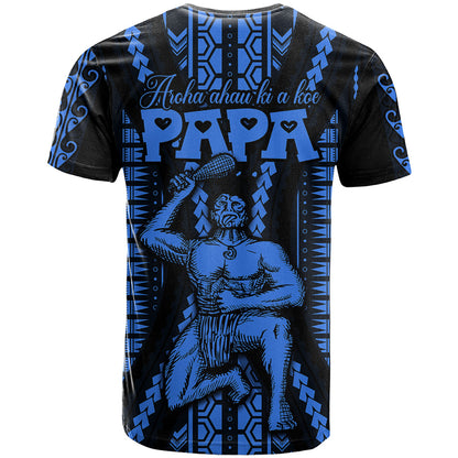 Aotearoa Father's Day Gift For Dad T-Shirt Aroha Ahau Ki A Koe Papa - Blue Maori Style Pattern Graphic Tee