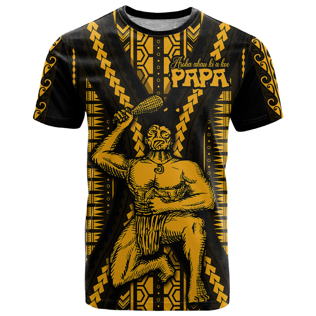 Aotearoa Father's Day Gift For Dad T-Shirt Aroha Ahau Ki A Koe Papa - Gold Maori Style Pattern Graphic Tee