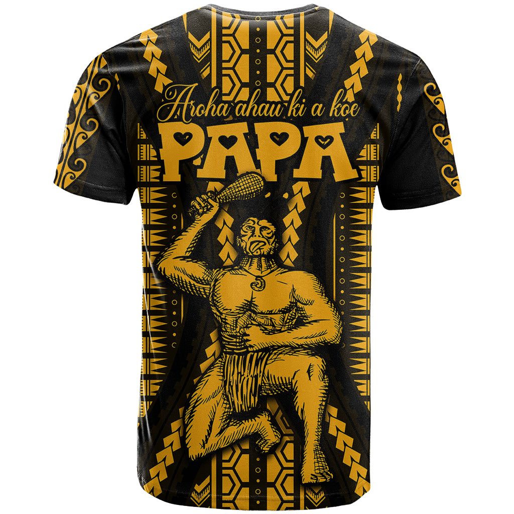 Personalised Aotearoa Father's Day Gift For Dad T-Shirt Aroha Ahau Ki A Koe Papa - Gold Maori Style Pattern Graphic Tee