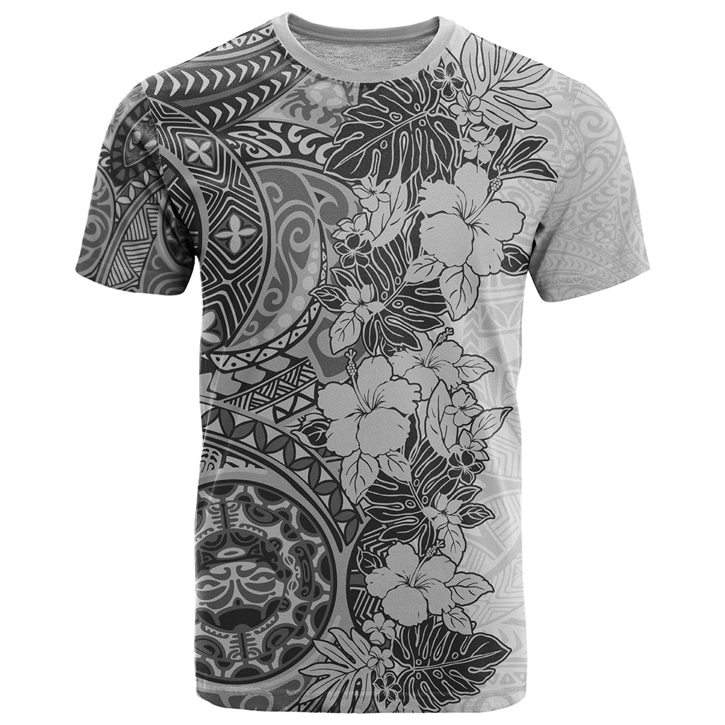 Polynesia T-Shirt Hibiscus and Hawaiian Tribal Tattoo Retro Style Gray Color Graphic Tee