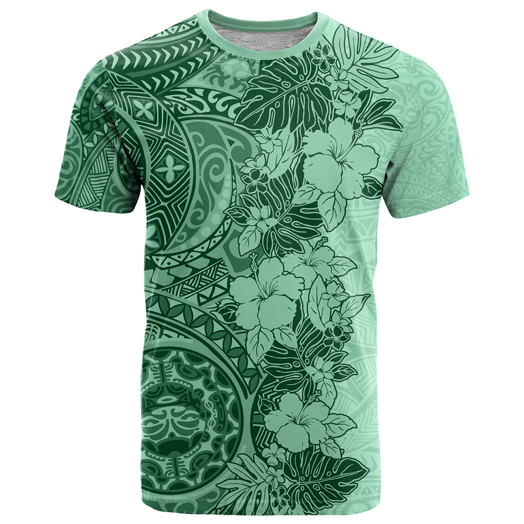 Polynesia T-Shirt Hibiscus and Hawaiian Tribal Tattoo Retro Style Green Color Graphic Tee