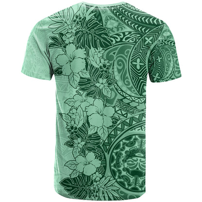 Polynesia T-Shirt Hibiscus and Hawaiian Tribal Tattoo Retro Style Green Color Graphic Tee