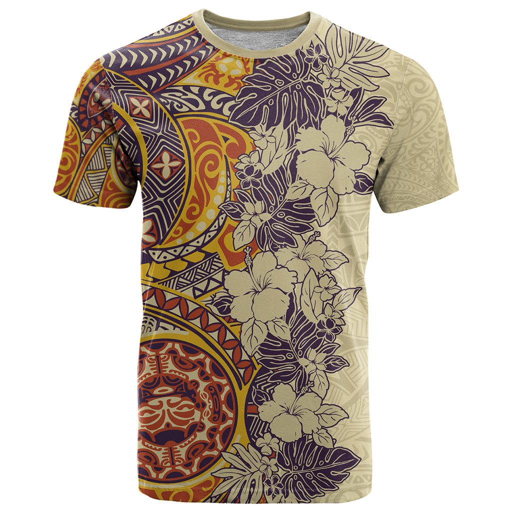 Polynesia T-Shirt Hibiscus and Hawaiian Tribal Tattoo Retro Style Tan Color Graphic Tee