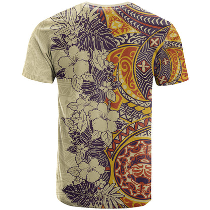 Polynesia T-Shirt Hibiscus and Hawaiian Tribal Tattoo Retro Style Tan Color Graphic Tee