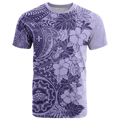 Polynesia T-Shirt Hibiscus and Hawaiian Tribal Tattoo Retro Style Violet Color Graphic Tee