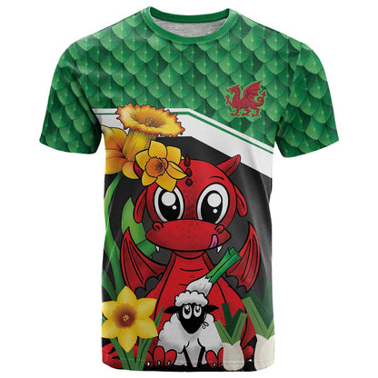 Saint David's Day Personalized T-Shirt Green Welsh Dragon Daffodil Sheep Leak Graphic Tee