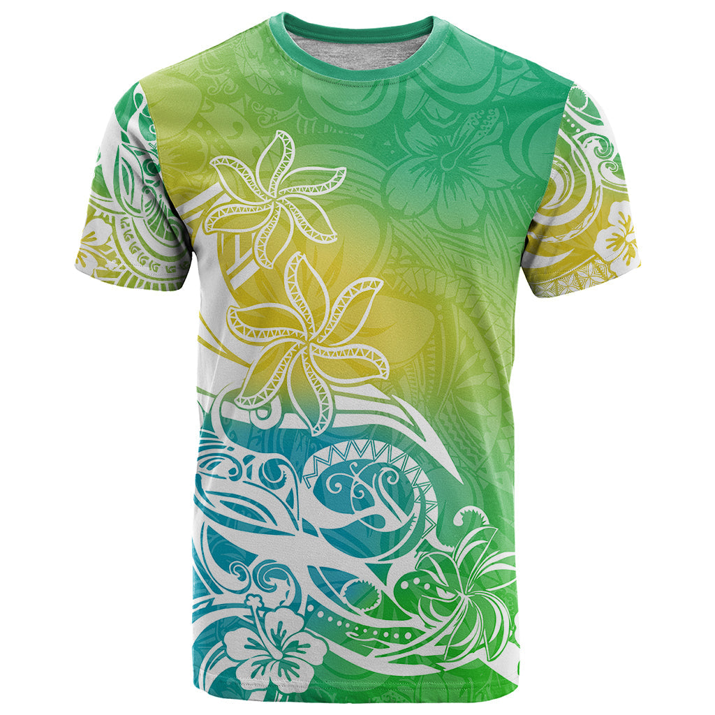 Polynesian Sunset Plumeria T-Shirt Pacific Island Tribal Green Style Graphic Tee