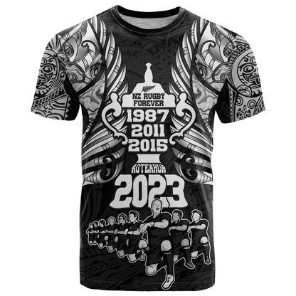 Custom New Zealand Rugby T-Shirt Black Haka Dance With NZ Champions History Graphic Tee