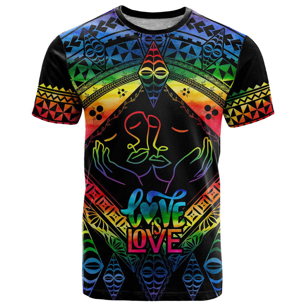 Personalised Tonga LGBT T-Shirt Love Is Love Ngatu Rainbow Water Color Graphic Tee