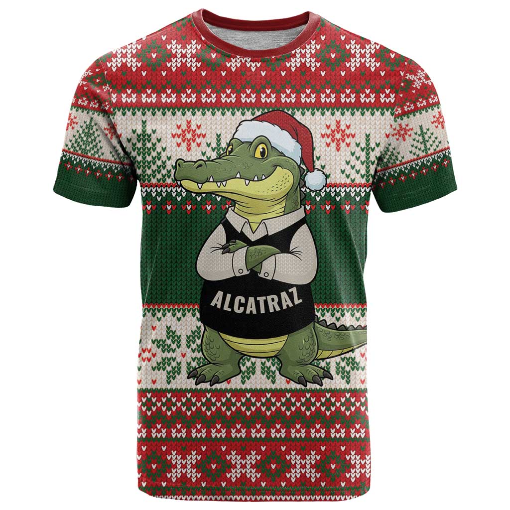 Funny Christmas Alligator Santa T-Shirt Knitted Pattern Graphic Tee