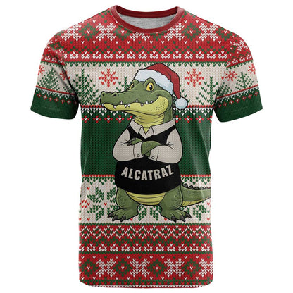 Funny Christmas Alligator Santa T-Shirt Knitted Pattern Graphic Tee