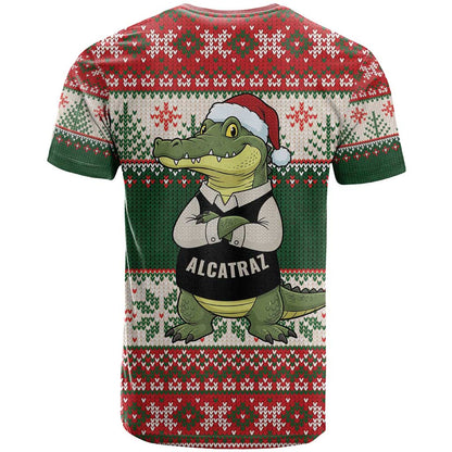 Funny Christmas Alligator Santa T-Shirt Knitted Pattern Graphic Tee