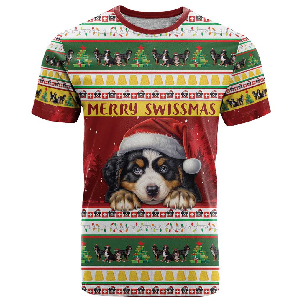 Merry Swissmas Bernese Mountain Dog T-Shirt Switzerland Christmas Pattern Graphic Tee