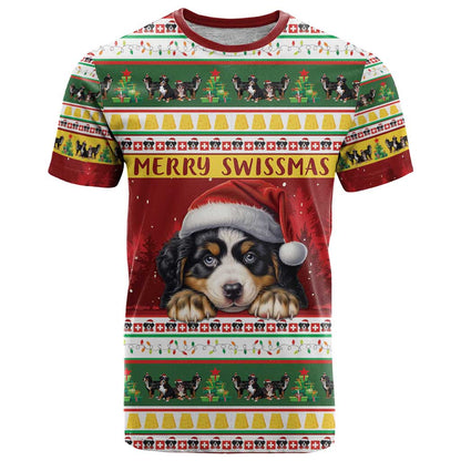 Merry Swissmas Bernese Mountain Dog T-Shirt Switzerland Christmas Pattern Graphic Tee