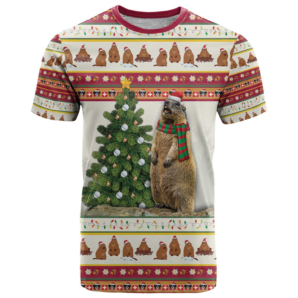 Merry Swissmas Marmot Santa T-Shirt Switzerland Christmas Pattern Graphic Tee