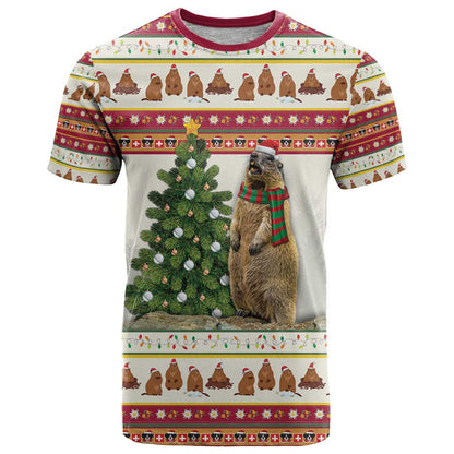 Merry Swissmas Marmot Santa T-Shirt Switzerland Christmas Pattern Graphic Tee