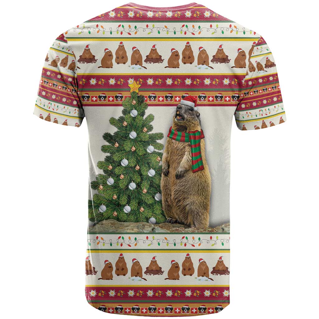 Merry Swissmas Marmot Santa T-Shirt Switzerland Christmas Pattern Graphic Tee