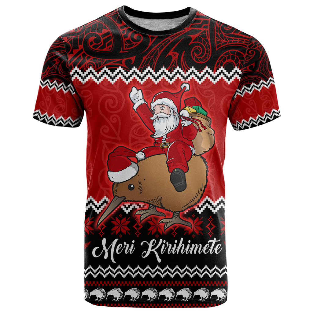 Personalised New Zealand Christmas T-Shirt Kiwi Santa Claus Maori Meri Kirihimete Graphic Tee