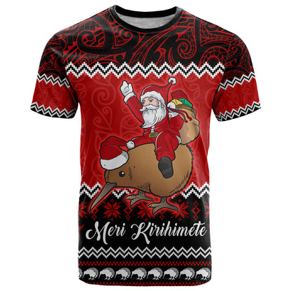 Personalised New Zealand Christmas T-Shirt Kiwi Santa Claus Maori Meri Kirihimete Graphic Tee