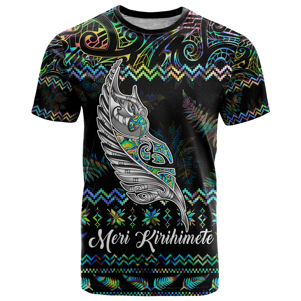 Personalised New Zealand Christmas T-Shirt Maori Fern Manaia Meri Kirihimete with Papaua Shell Graphic Tee