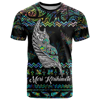 Personalised New Zealand Christmas T-Shirt Maori Fern Manaia Meri Kirihimete with Papaua Shell Graphic Tee